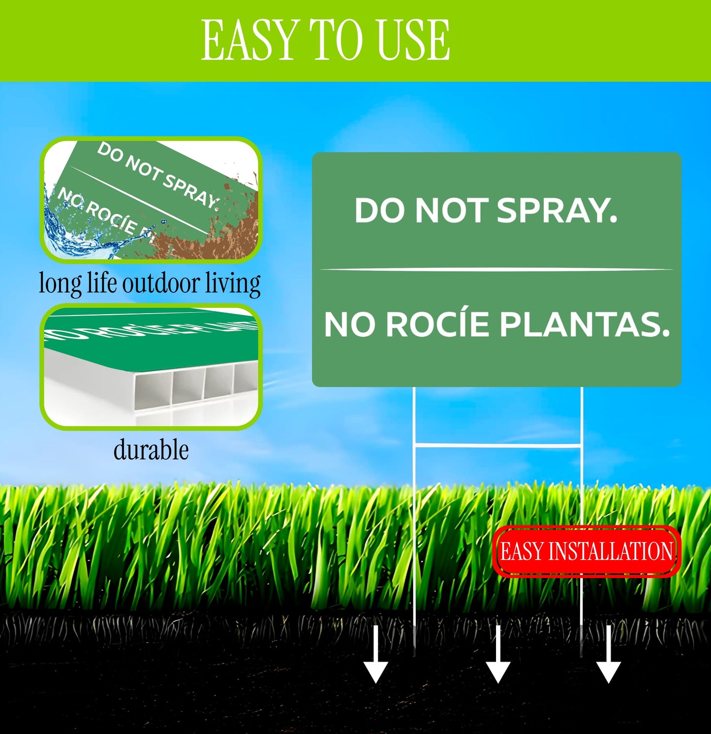 3 Pack 12x8 Inches Green Do Not Spray Plastic Sign with H-Metal Stakes - Please Stay Off My Grass Yard Sign - Neighborhood Street Caution Yard Signs - Double Sided Do No Spray Signs for Outdoor