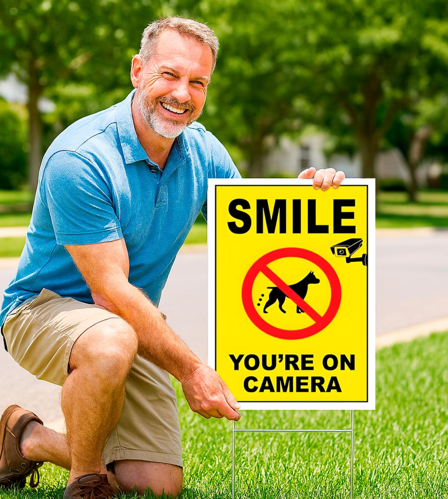 3-Pack 12x8 Inch Smile Your on Camera Signs with Stakes – Outdoor Lawn Protection No Trespassing, Video Surveillance Home Security Yard Plastic Signs – Double-Sided Warning Sign for Private Property