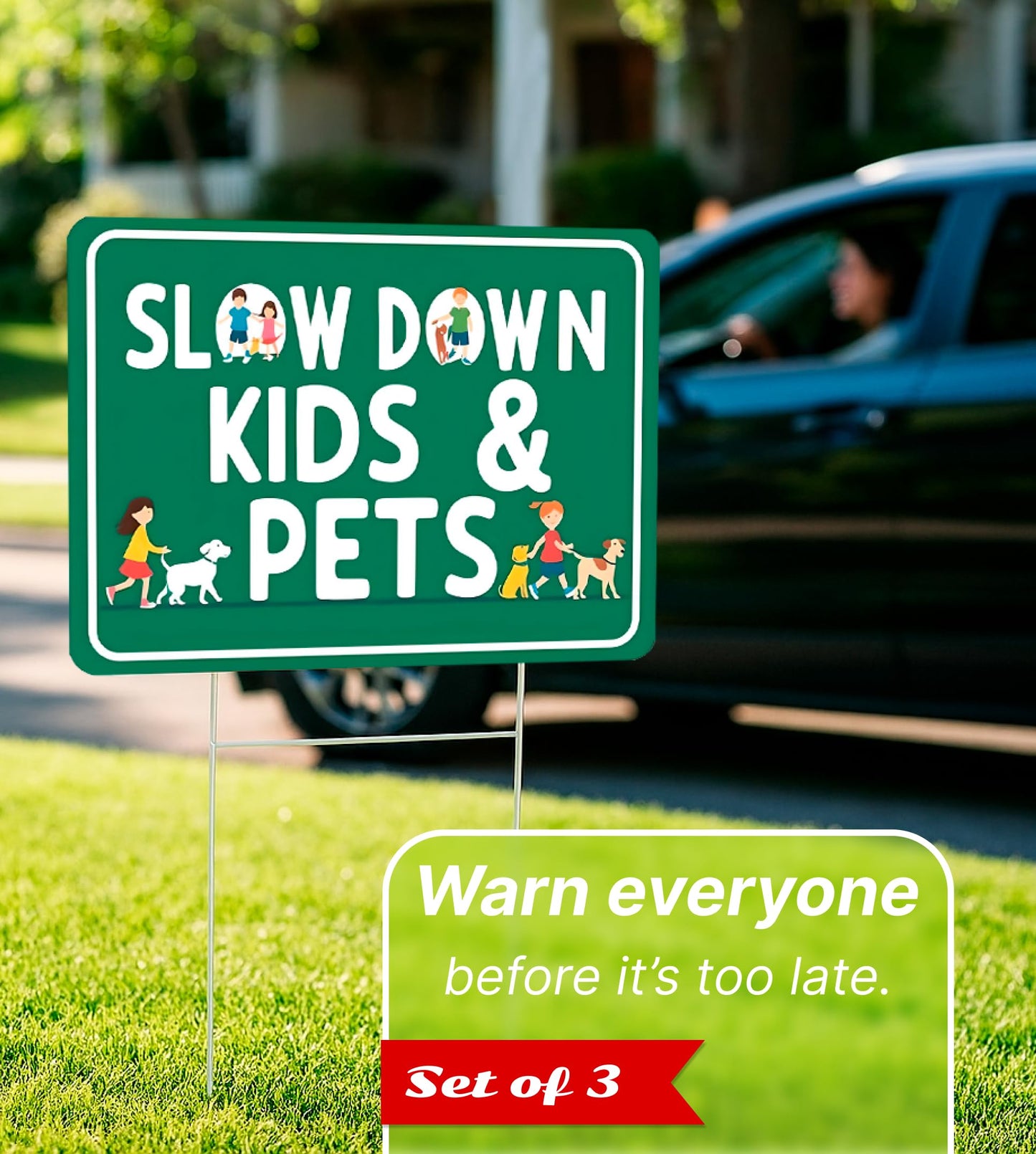 Set of 3 Double Sided 12x16 Inches Plastic Sign "SLOW DOWN KIDS & PETS" - Сaution Сhildren at Play Signs With H-Stakes for Street - Drive Like Your Kids Live here Yard Signage Speed Limit Warning