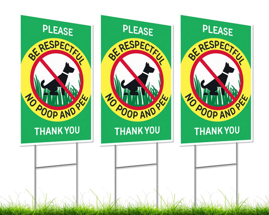 Set of 3 Double Sided 12x8 Inches Please Be Respectful No Poop And Pee Thank You Plastic Sign with Metal Stakes - No Pet Pooping or Waste or Poop - No Pooping and No Peeing Dog Yard Signs