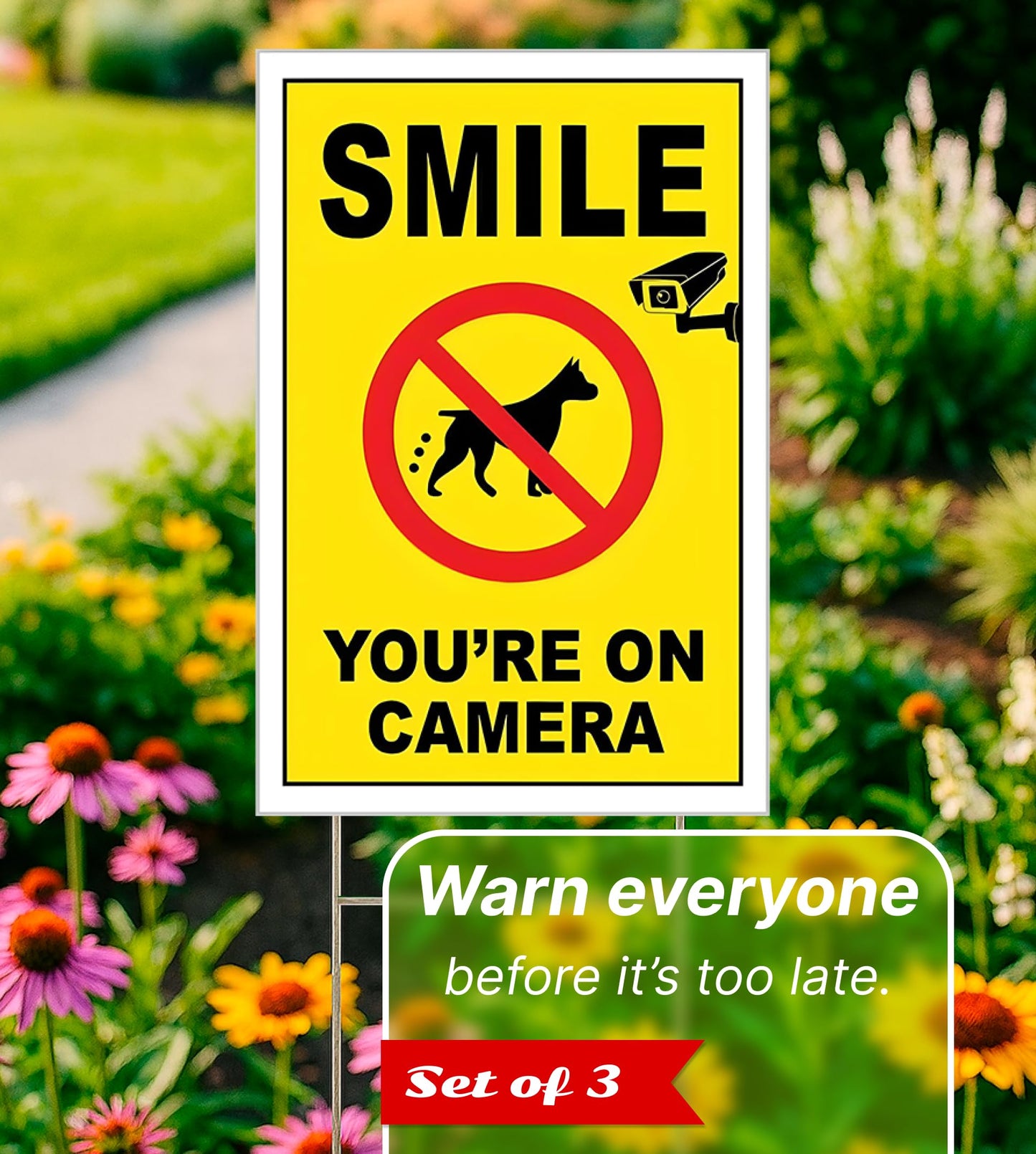 3X 8x12 Inch Smile Your on Camera Plastic Signs with Stake - No Tresspassing Private Property Video Surveillance Home Security Yard Sign - Warning for Property Single Sided Signs off Lawn Outdoor