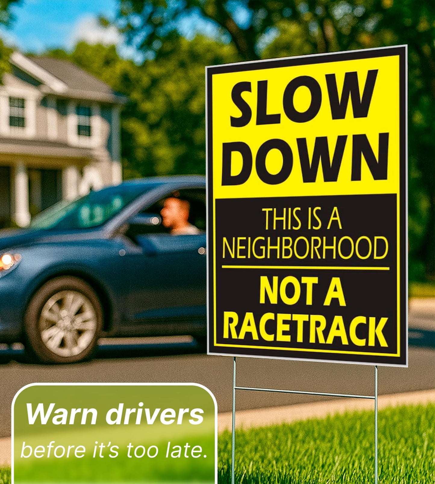 Set of 3 Please Slow Down Signs for Neighborhoods with Metal H-Stake 12x8 - Plastic Double Sided Street Slow Sign - Children at Play Safety Signs for Street - Drive Like Your Kids Live Here Yard Sign
