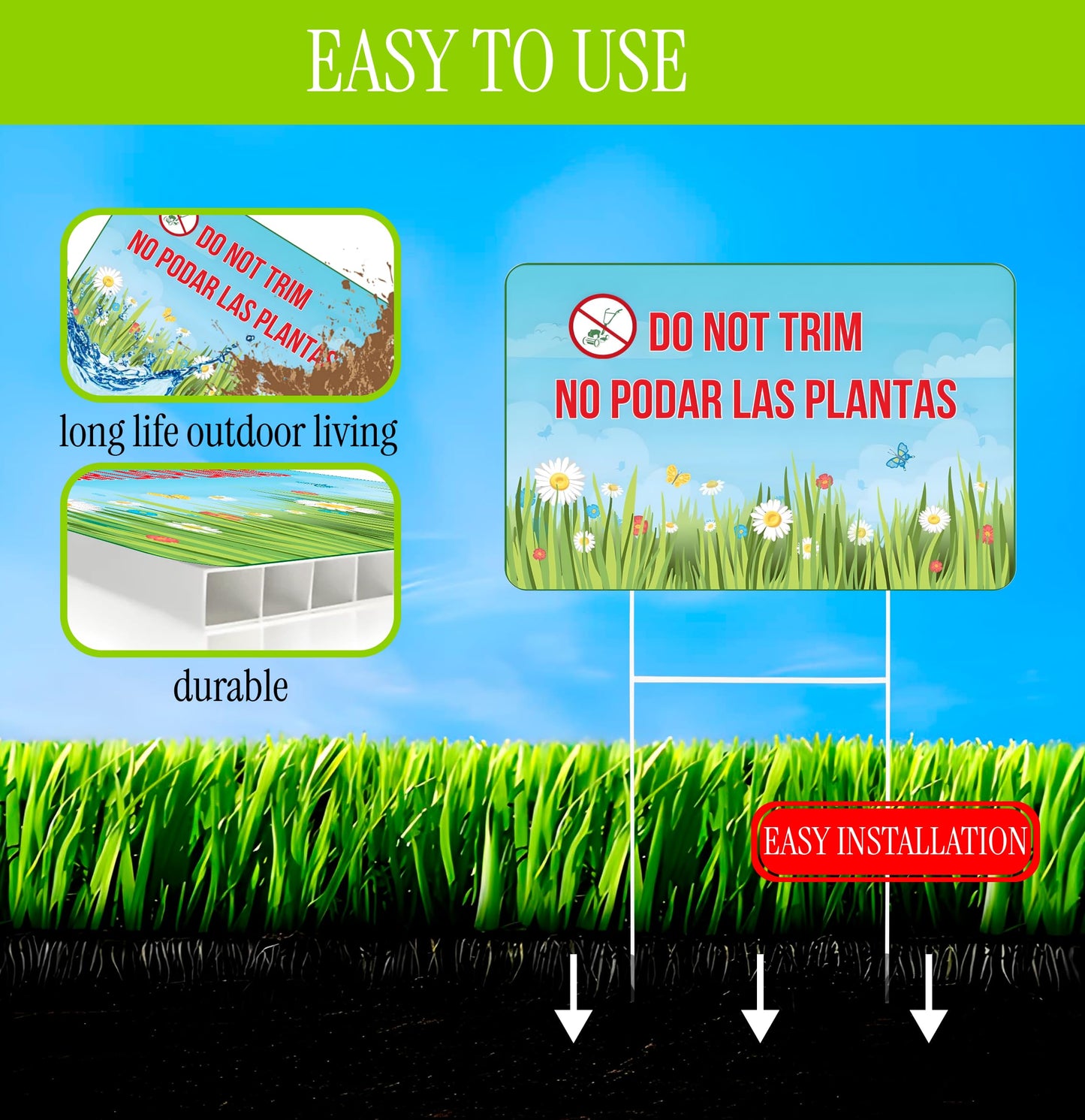 Set of 3 Double Sided 12x8 Inches Do not Trim Yard Signs with Metal Stakes - No Podar Las Plantas sign for Outdoor or Indoor - Double Sided Bilingual Plant Sign or Plastic Garden Sign