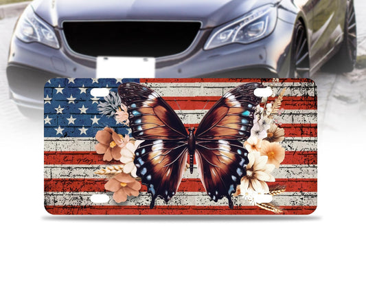 6x12.25 Inch American Flag Butterfly License Plate Frame - Vintage US Flag Flower Car Front License Plate Frames with 4 Holes and Screws - Funny Colorful Car Decoration - for US Standard Frame