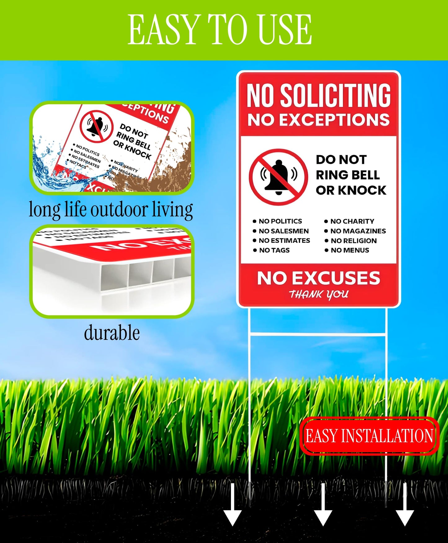 12x16 Inch 3X No Soliciting No Exceptions Plastic Sign with Metal Stakes - Fun Decor for Home House Yard - No Exceptions Do Not Ring Bell No Knock Double Sided Signs - No Excuses Lawn Sign for Outdoor