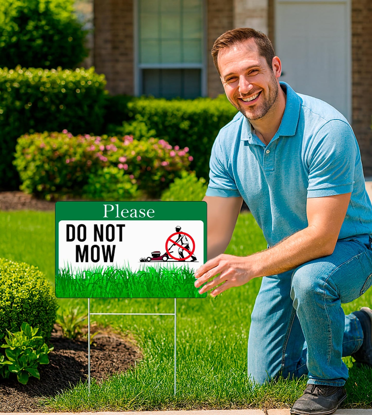 Set of 3 Double Sided Please Do Not Mow Sign with Metal Stakes - 12x8 Inches Plastics Garden Mow Signs for Outdoor and Indoor - No Mow May Yard Sign for Lawn - No Mowing Beyond This Point Sign