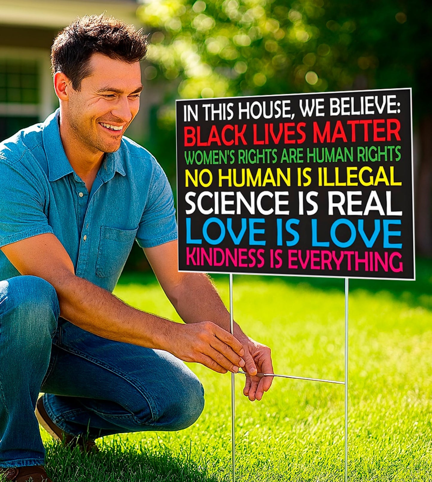 Black Lives Matter Yard Sign Double sided 12" x 18" inches with H Metal Stake - In This House We Believe Yard Sign for Home Décor with Big and Bold Letters - Corrugated Plastic - Plastic Protest Signs
