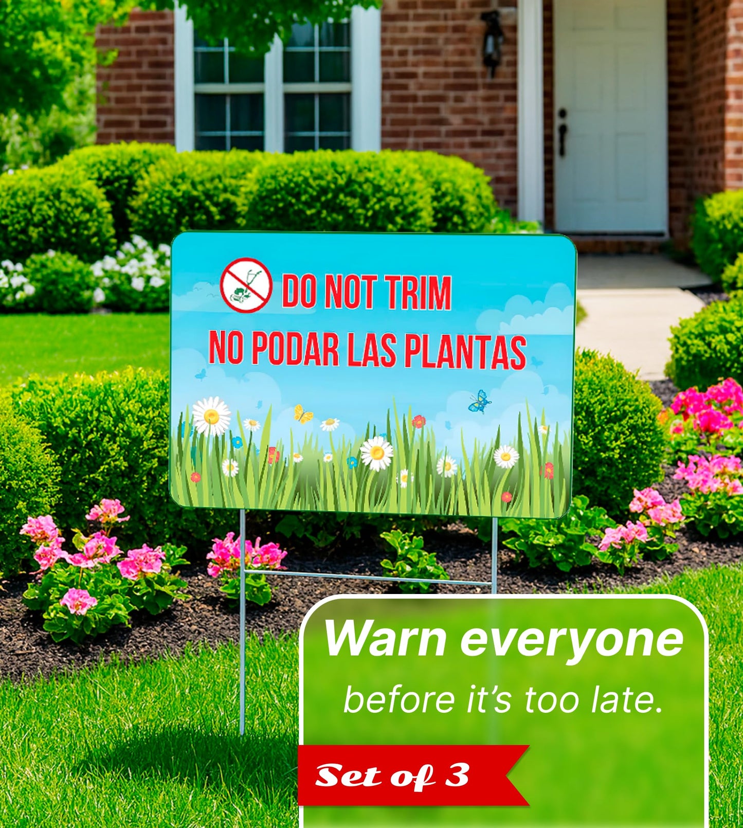 Set of 3 Double Sided 12x8 Inches Do not Trim Yard Signs with Metal Stakes - No Podar Las Plantas sign for Outdoor or Indoor - Double Sided Bilingual Plant Sign or Plastic Garden Sign